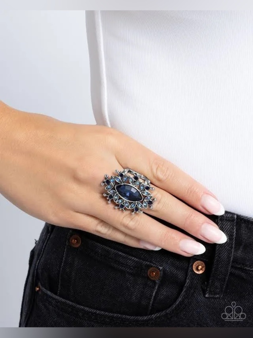paparazzi Navy Marquise Crystal Statement Ring 8-9” Stretch New - Picture 5 of 6
